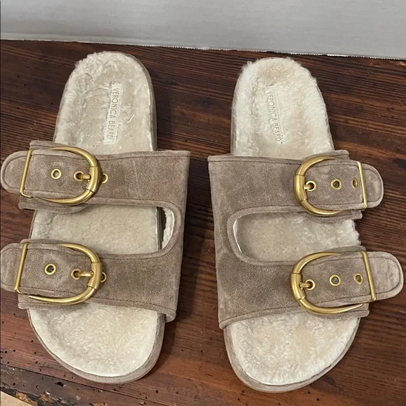 Veronica Beard Prue Shearling Lined Ecru Suede slide sandals NWT - Picture 5 of 10